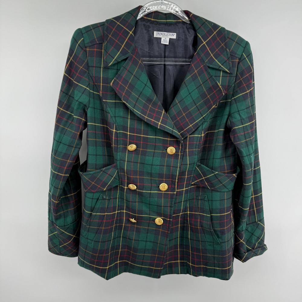 Pendleton Petite Plaid Double Breasted Blazer Jacket Green Gold Women's Size 12